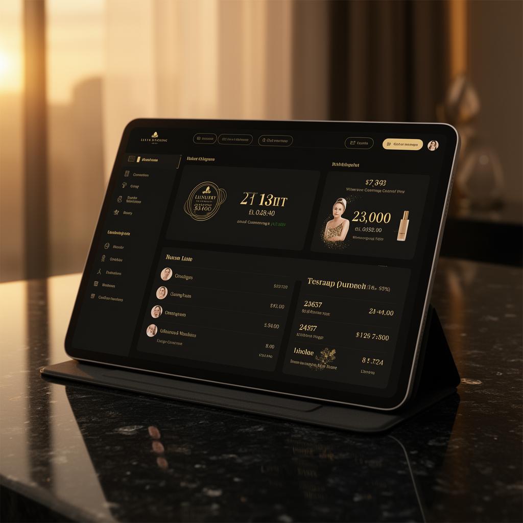 Alora dashboard on a tablet — luxury black and gold interface for beauty businesses